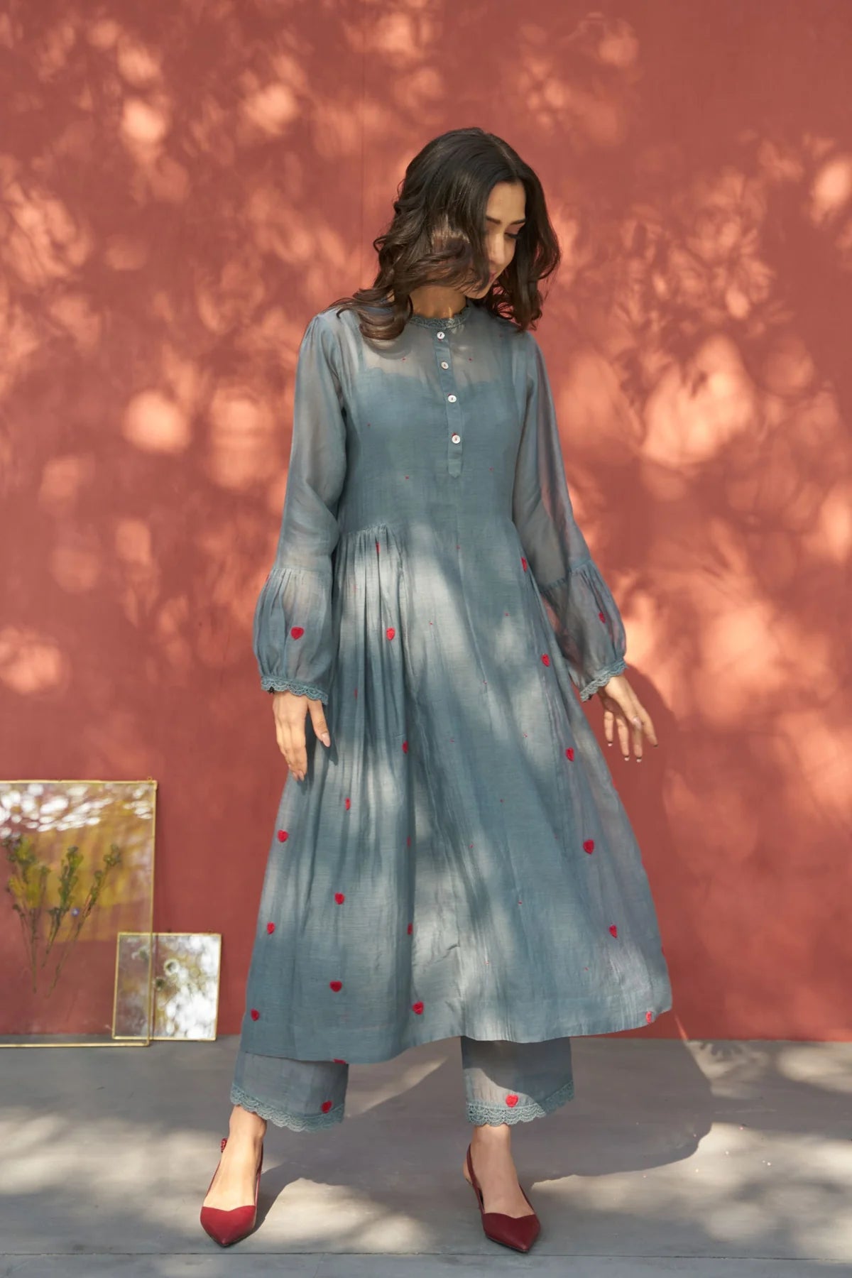 Grey Cotton Round Embroidered Anarkali And Pant Set