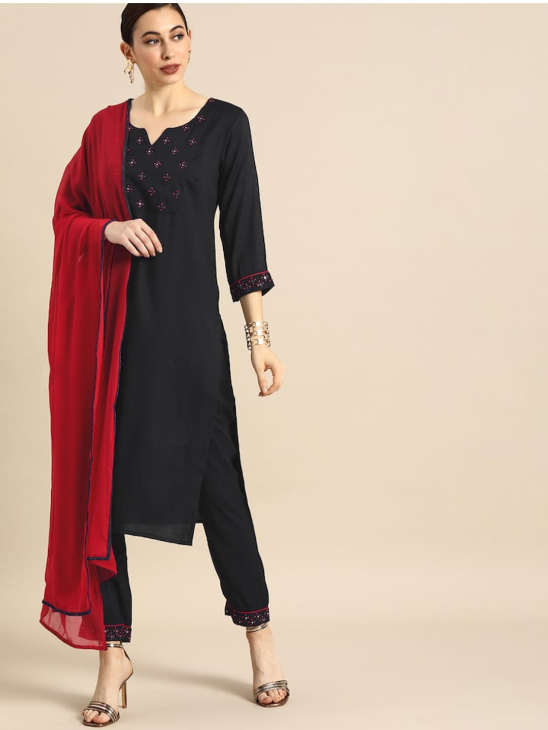 Beautiful  CHANDERI SILK Embroidered Straight Kurta with pant and dupatta sets