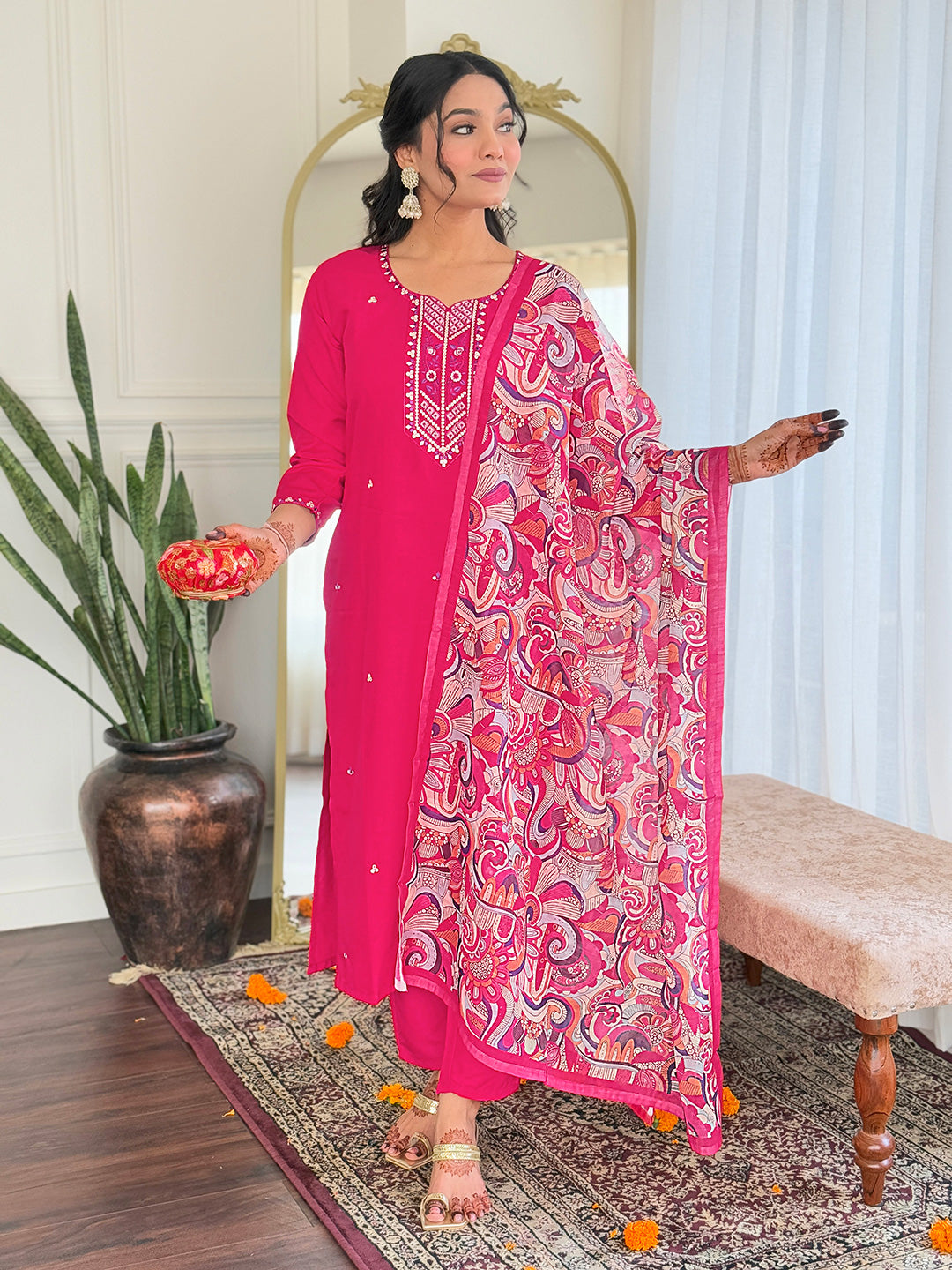 Beautiful  RAYON Embroidered Straight Kurta with pant and dupatta sets