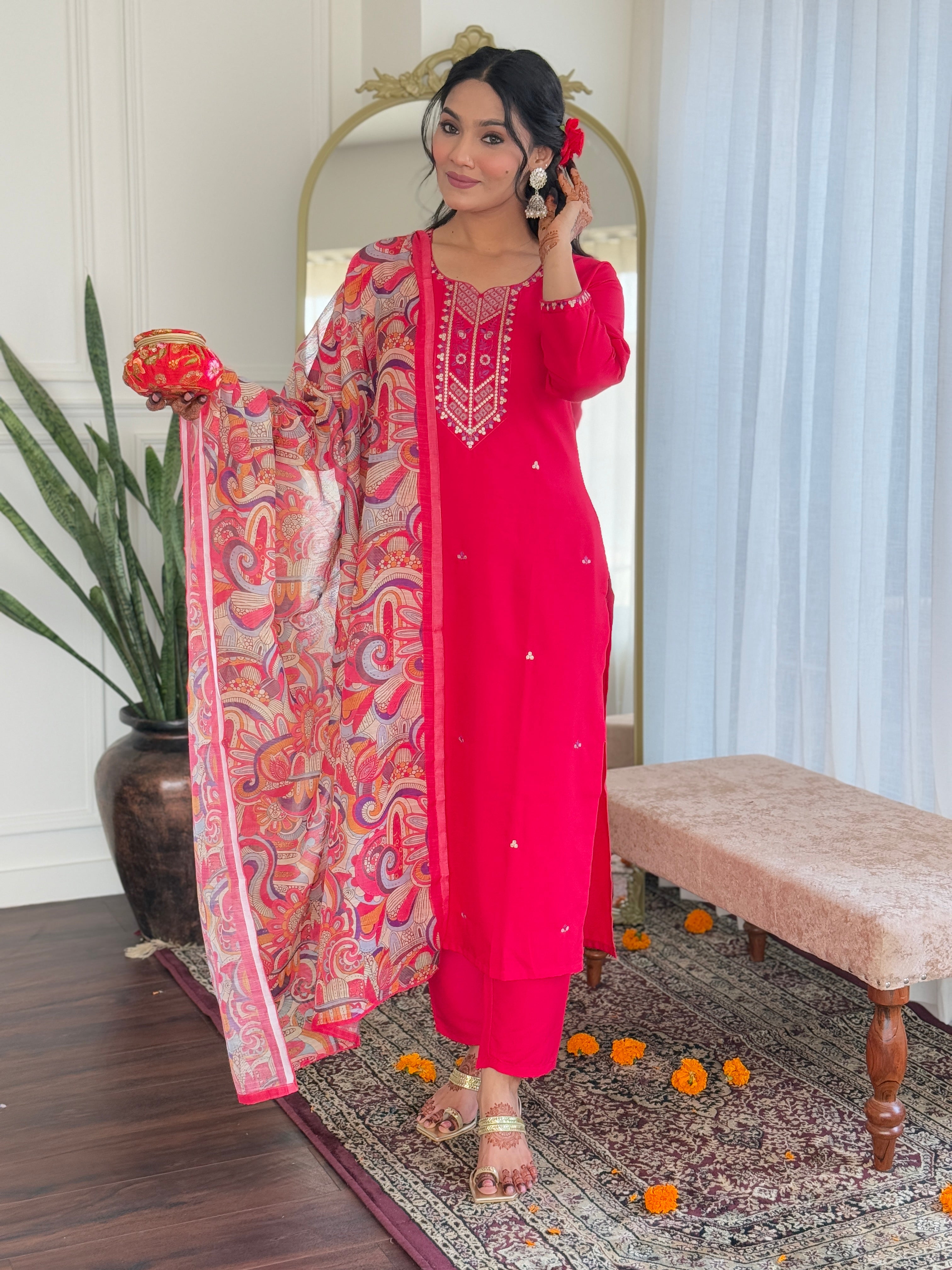 Beautiful  RAYON Embroidered Straight Kurta with pant and dupatta sets