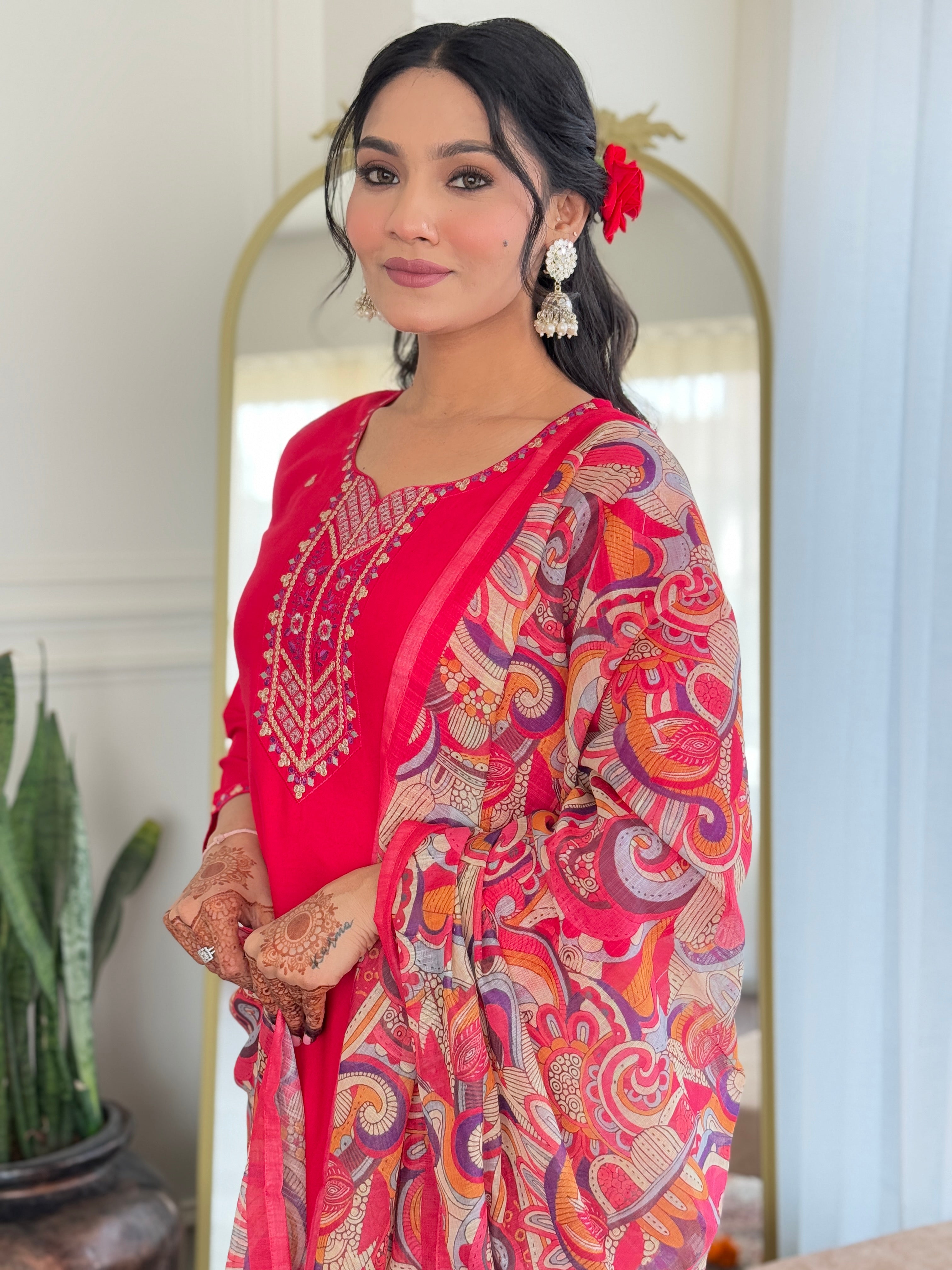 Beautiful  RAYON Embroidered Straight Kurta with pant and dupatta sets