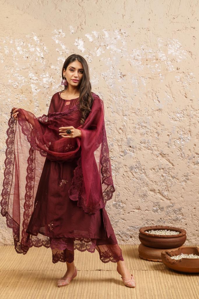 Maroon Cotton Embroidered Silk Chanderi Kurta Set