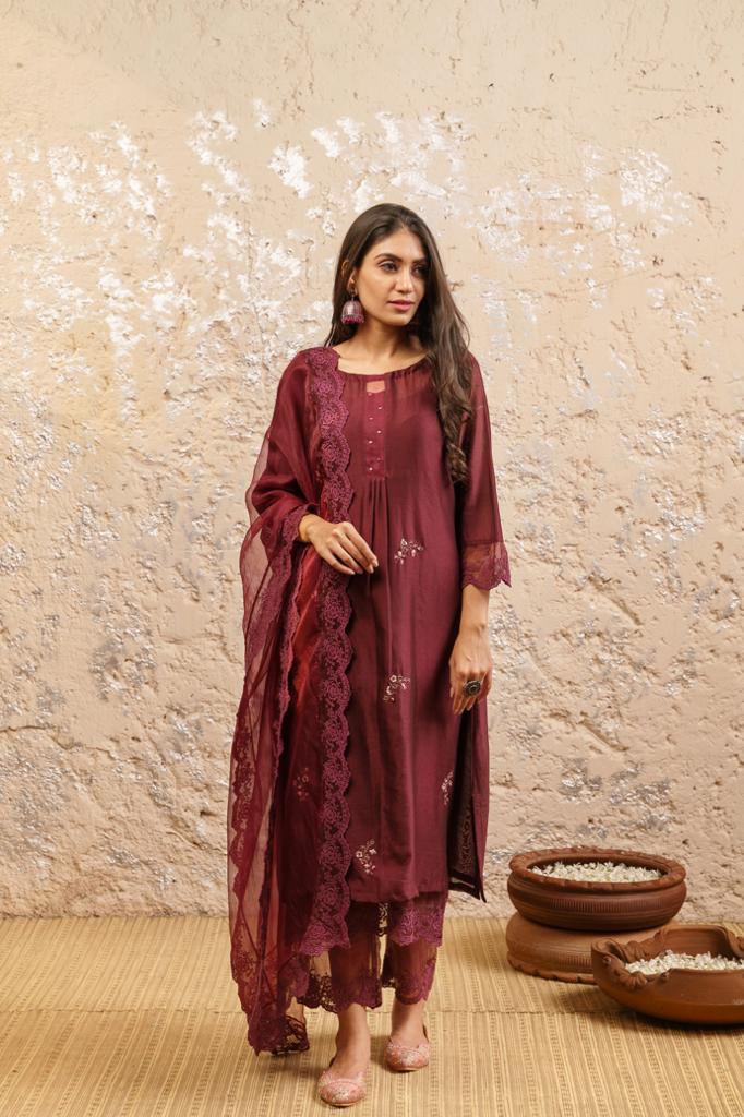 Maroon Cotton Embroidered Silk Chanderi Kurta Set