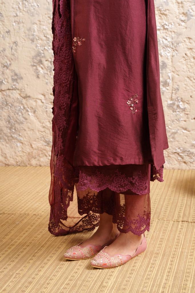 Maroon Cotton Embroidered Silk Chanderi Kurta Set