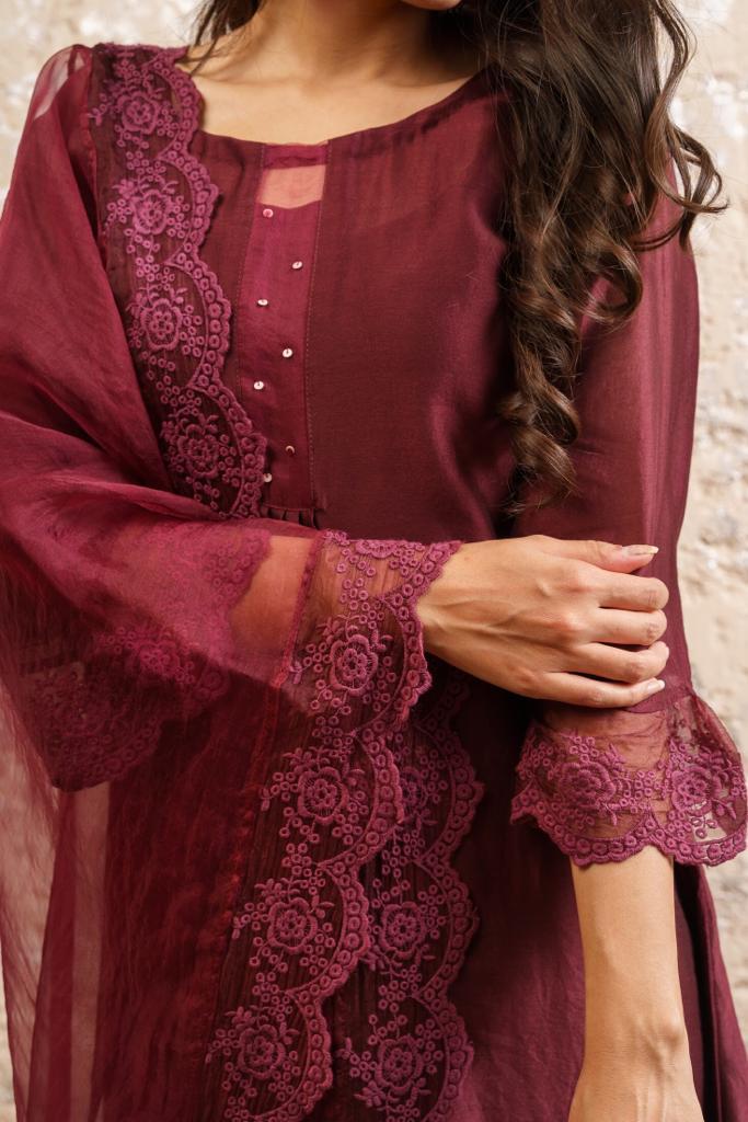 Maroon Cotton Embroidered Silk Chanderi Kurta Set