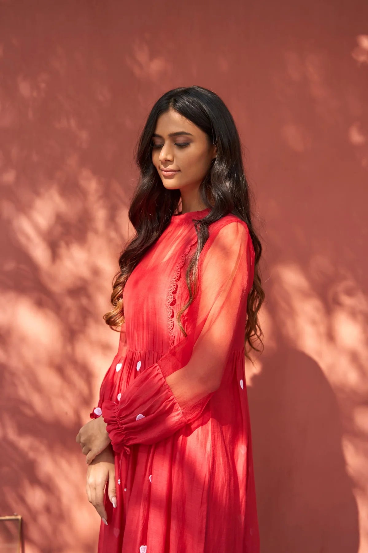 Red Cotton Embroidered Schiffli Lace Round Anarkali And Pant Set