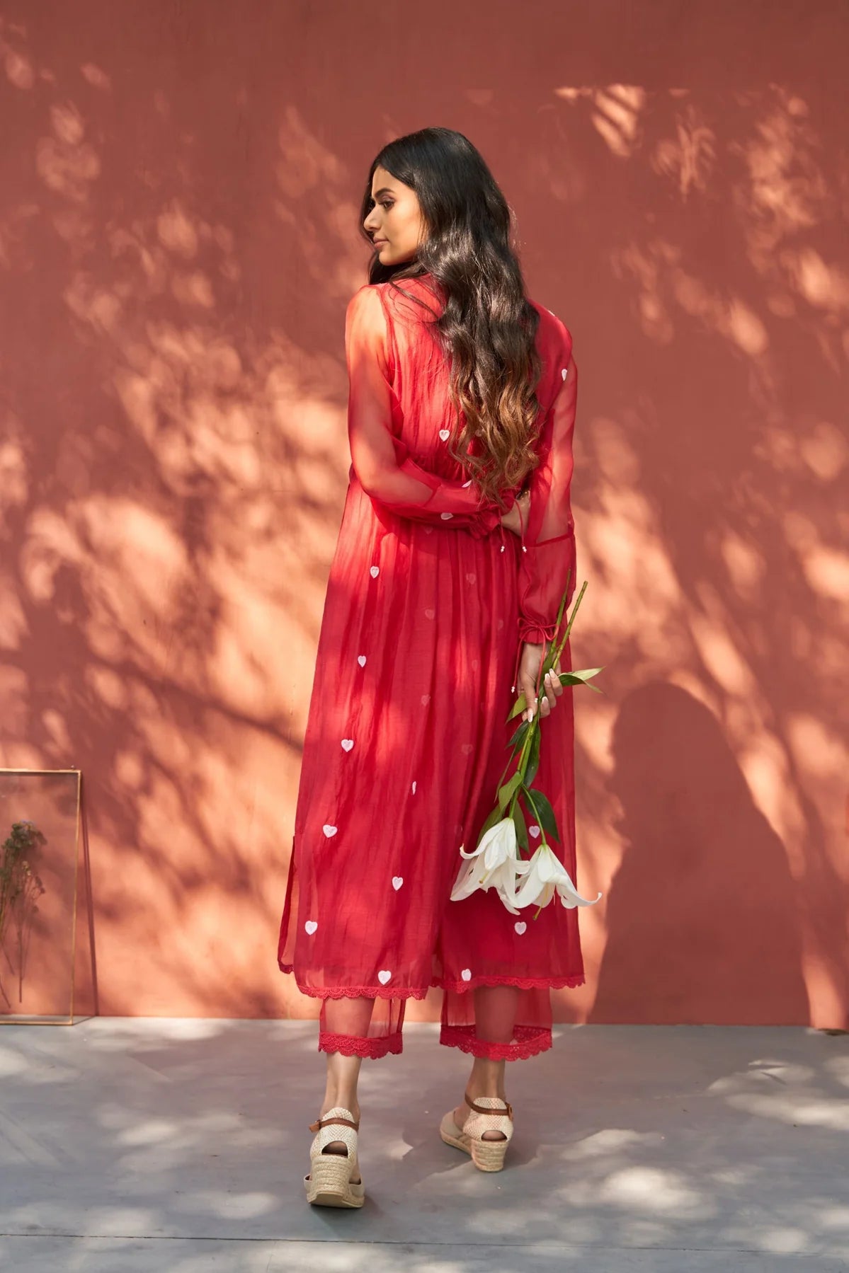 Red Cotton Embroidered Schiffli Lace Round Anarkali And Pant Set